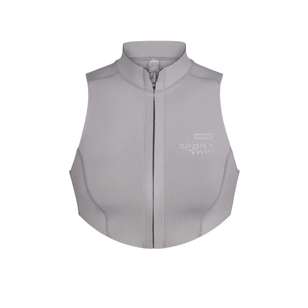 SKIMS Sport Swim Mock Neck Grey Chrome Sleeveless Zip Top NEW 2X